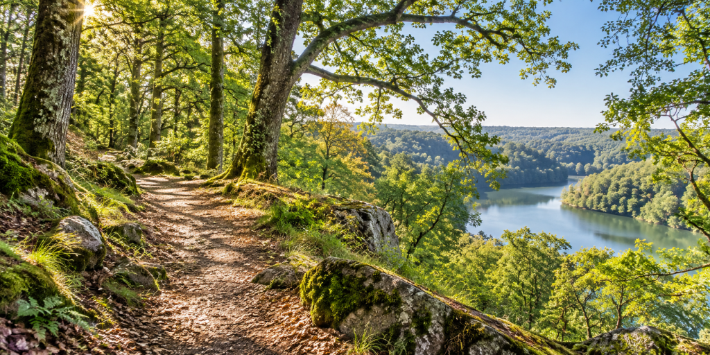 Sentier ensoleillé bordé d’arbres, avec vue sur le lac de Mervent