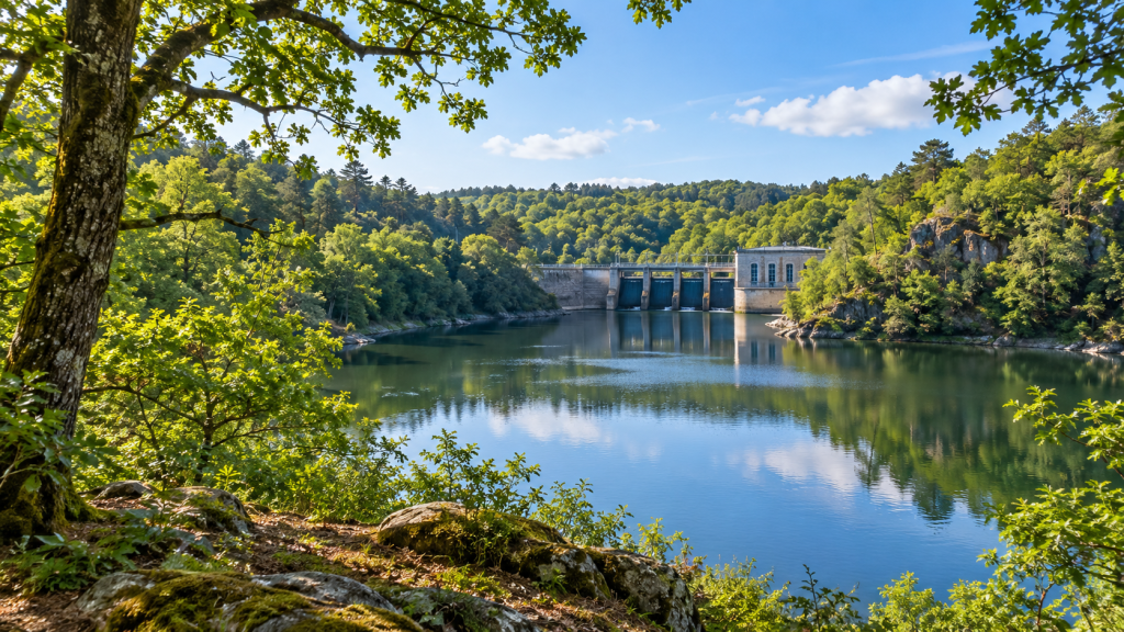 Barrage de Mervent au milieu des arbres de la forêt