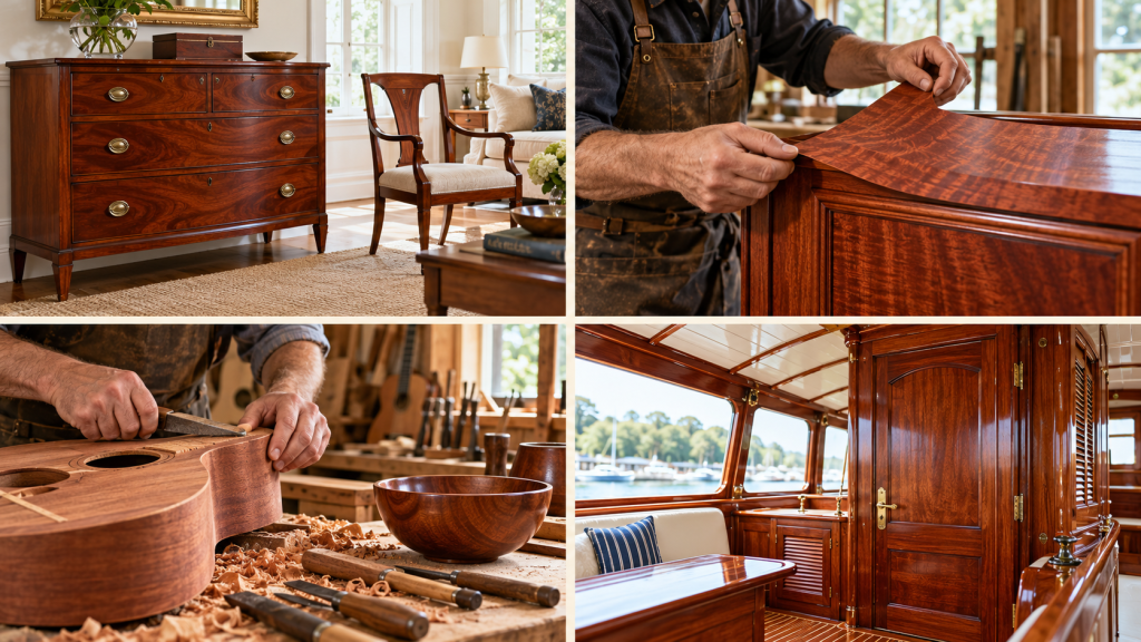 Collage montrant le mahogany utilisé pour un meuble, un placage, une guitare et les boiseries d’un bateau.
