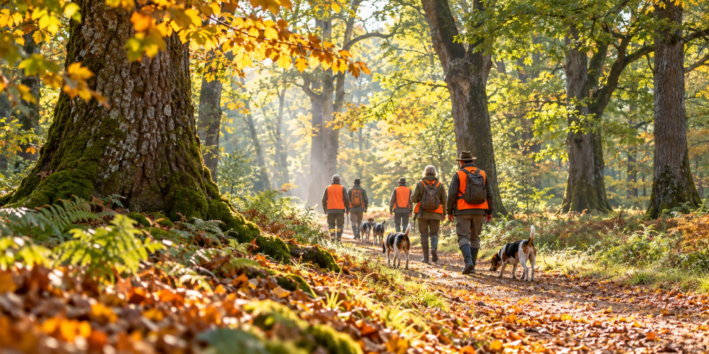 Équipage de chasse à courre avançant dans une forêt de Tronçais baignée de lumière.