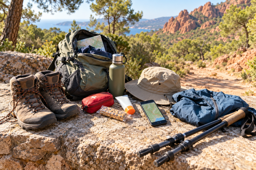 Équipement préparé pour une randonnée dans le Var : chaussures, sac, eau, chapeau, trousse de secours et téléphone avec carte.