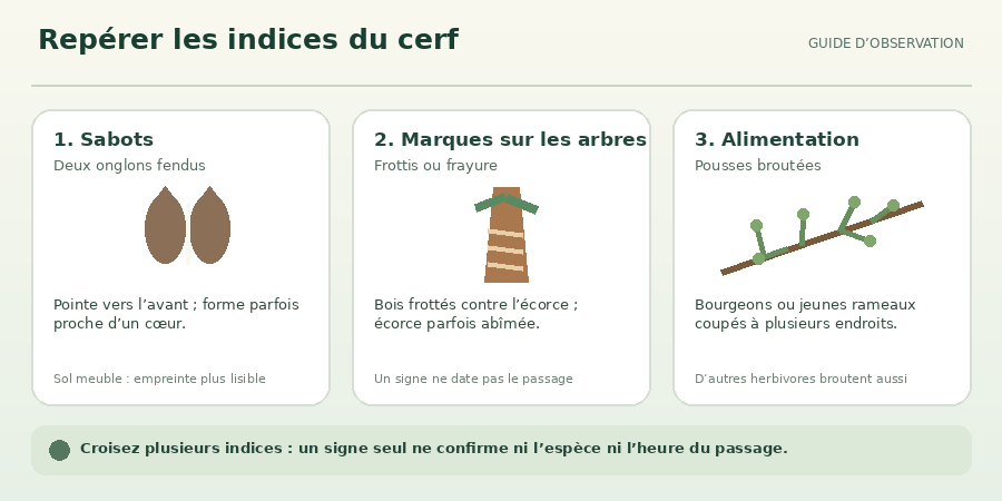 Empreintes, frottis et pousses broutées : trois indices de présence possible du cerf.