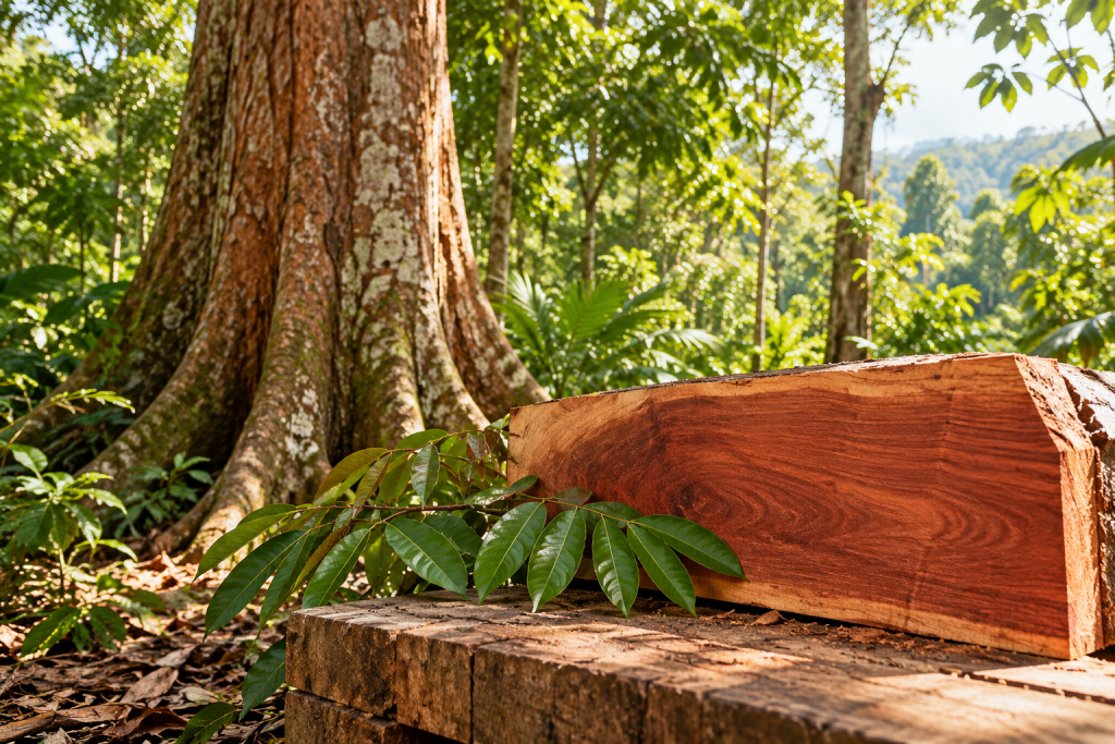 Arbre de mahogany et planche de bois brun rouge dans une forêt tropicale.
