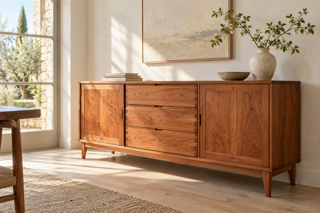 Buffet en merisier massif au veinage visible dans un intérieur lumineux