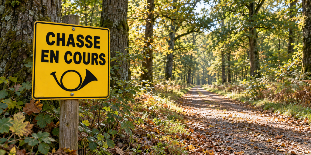 Panneau « Chasse en cours » à l’entrée d’un sentier forestier
