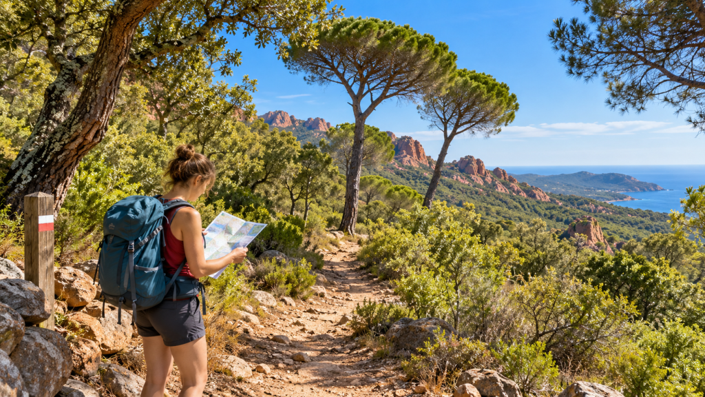 Randonneuse consultant sa carte sur un sentier des massifs méditerranéens du Var.