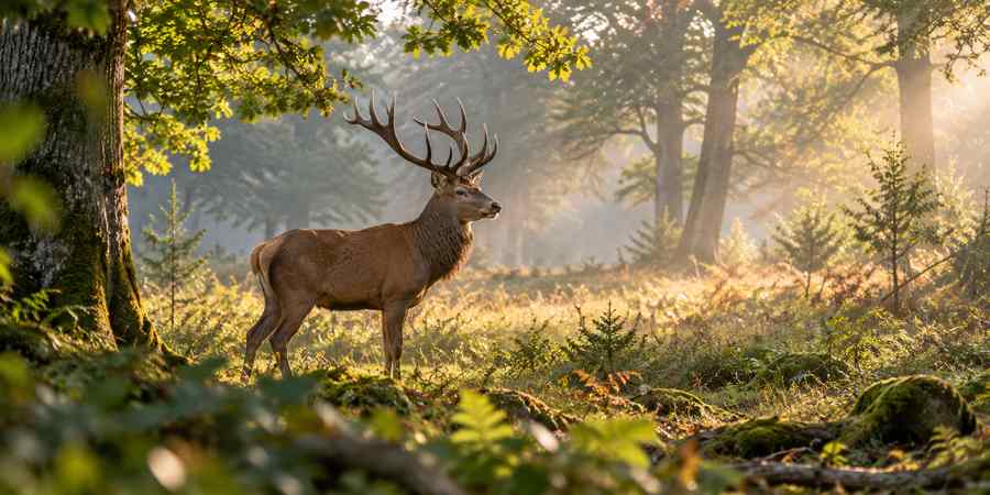 Cerf élaphe au lever du jour dans une clairière de forêt feuillue.