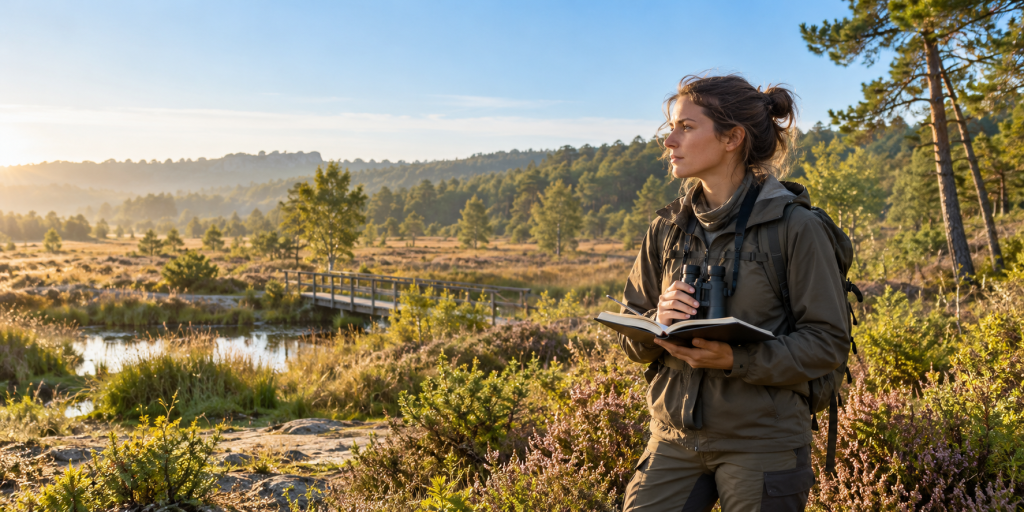 Écologue prenant des notes lors d’une observation naturaliste dans un parc naturel