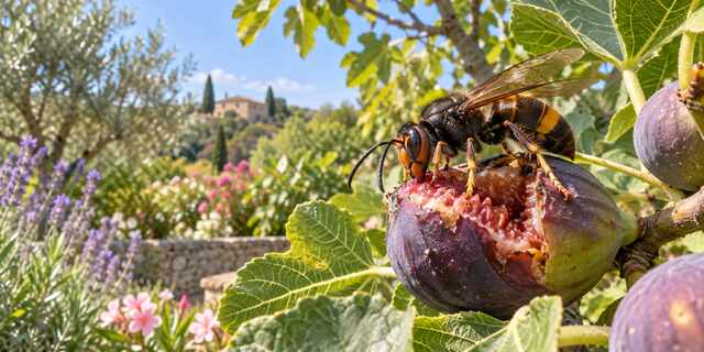 Frelon asiatique posé sur une figue mûre dans un jardin ensoleillé.