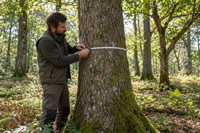 Expert forestier mesurant le diamètre d’un chêne en forêt bretonne