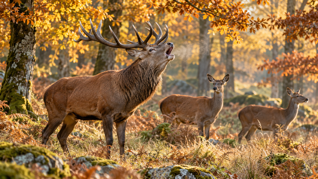 Cerf élaphe en plein brame dans une forêt d’automne, avec deux biches à distance.