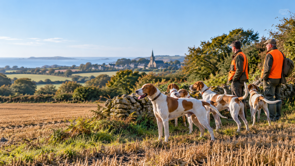 Chiens courants et chasseurs en vestes orange dans le bocage des Côtes-d’Armor.