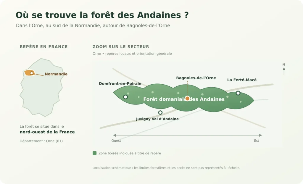 Carte situant la forêt des Andaines dans l’Orne, autour de Bagnoles-de-l’Orne, entre Domfront-en-Poiraie et La Ferté-Macé.