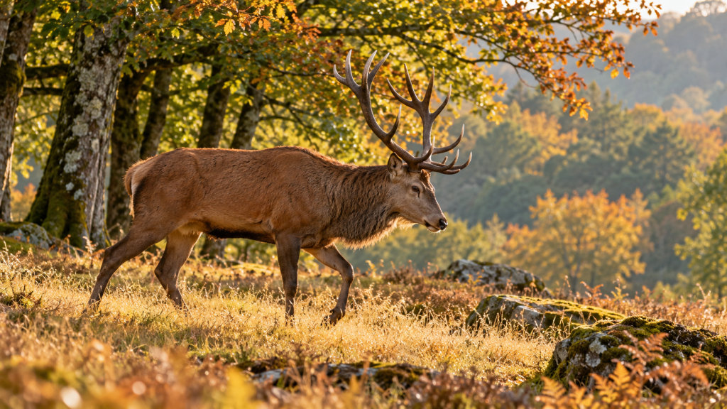 Cerf élaphe marchant dans une clairière forestière au début de l’automne.