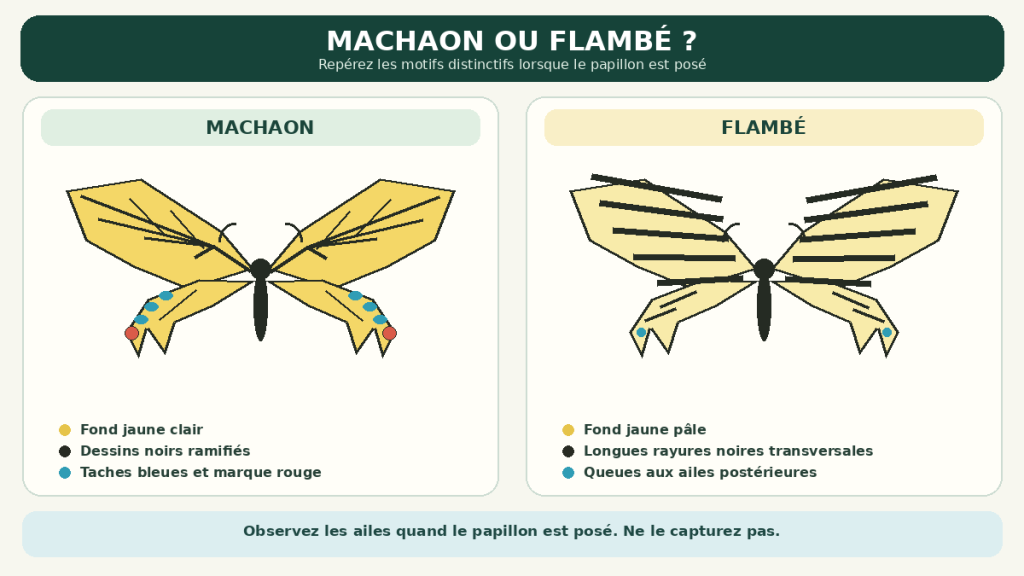 Infographie comparant le Machaon, jaune clair avec des motifs noirs ramifiés, des taches bleues et une marque rouge, au Flambé, reconnaissable à ses longues rayures noires transversales.