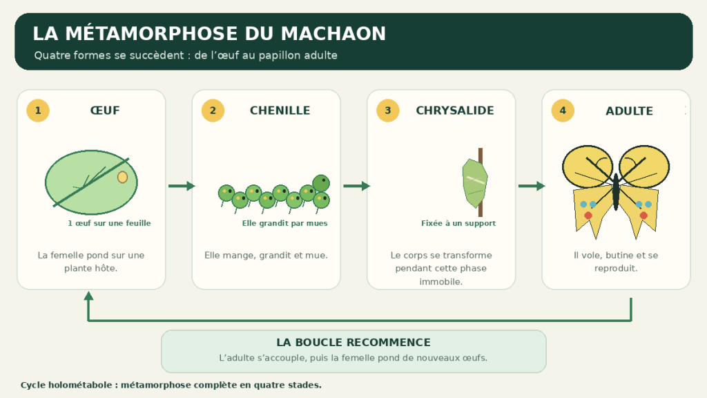 Les quatre stades de la métamorphose du Machaon, de l’œuf à la chenille, puis à la chrysalide et au papillon adulte. La boucle indique le retour à la ponte.