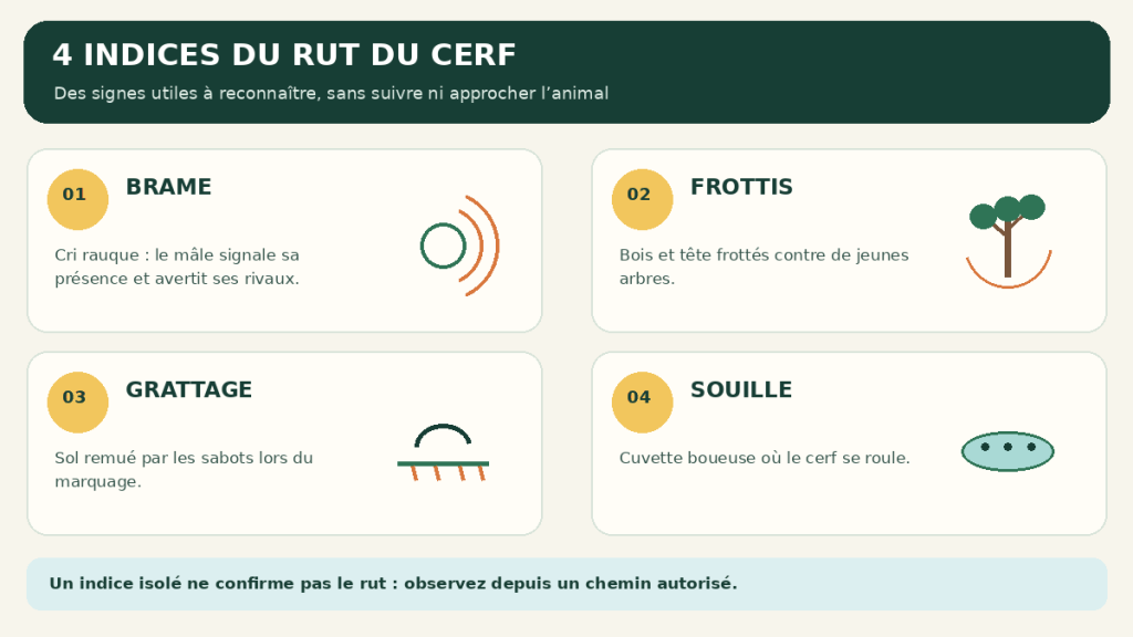 Fiche informative présentant quatre indices du rut du cerf : brame, frottis, grattage et souille.