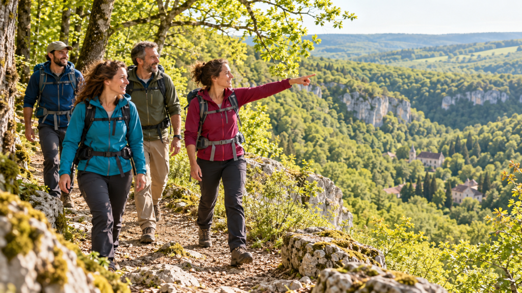 Groupe de randonneurs sur un sentier ensoleillé dans la forêt du Val Suzon