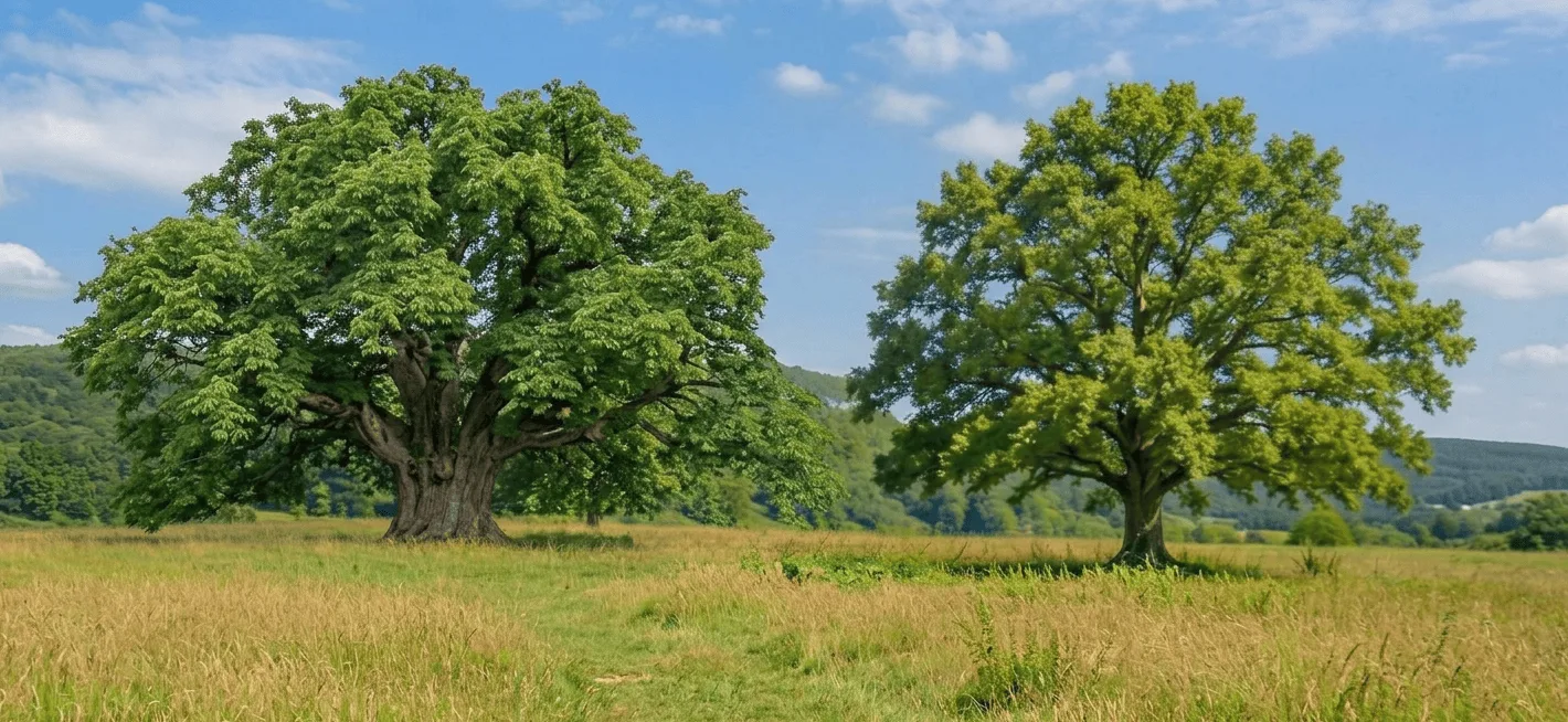 Grands arbres feuillus au feuillage vert dans une prairie en été